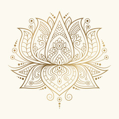 Golden lotus illustration in Indian style. Lotus mandala. yoga logo. Boho print, poster, t-shirt textile. Isolated outline vector illustration.