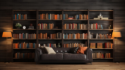 A library shelf filled with numerous books, showcasing a minimalistic, simple, modern, and new...