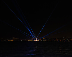 View of the Historical Maiden's Tower (kiz kulesi) at night in2023. A wonderful night view of...