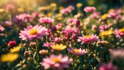 Flower field in sunlight, spring or summer garden background in close-up. Flower meadow field
