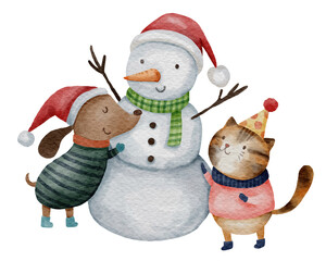 Dog and cat are molding a snowman . Watercolor paint cartoon characters . White isolate background . X-mas scene set 5 of 10 . illustration .