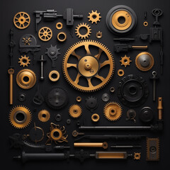 Ai generated knolling object separate part of gear mechanical. gold and black theme. background wallpaper.