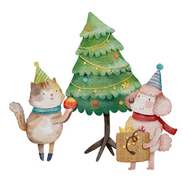 Dog and cat are decorating a christmas tree . Watercolor paint cartoon characters . White isolate background . X-mas scene set 3 of 10 . illustration .
