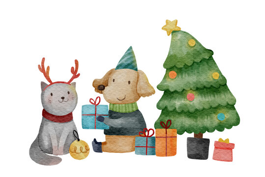 Dog and cat in christmas party and gift box . Watercolor paint cartoon characters . White isolate background . X-mas scene set 9 of 10 . illustration .