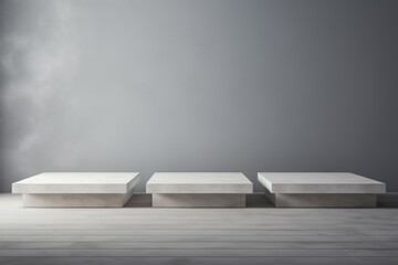 empty shelf with spotlights for exhibit - well lit display podiums, neutral colors, empty space, mock-up