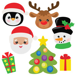 Cute Christmas faces vector cartoon illustration