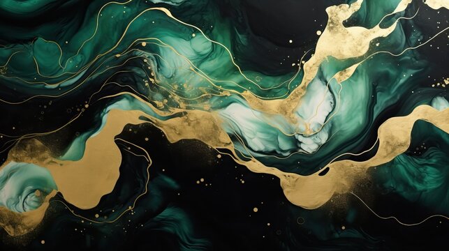 Abstract green and gold alcohol ink fluid art with black background