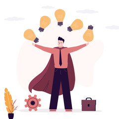 Smart man juggles light bulbs. Pitching ideas, brainstorming. Search of ideas or new opportunities to create or develop business. Innovations and knowledge to achieve success,