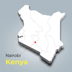 Kenya 3d map with borders of regions and it’s capital