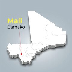 Mali 3d map with borders of regions and it’s capital - obrazy, fototapety, plakaty