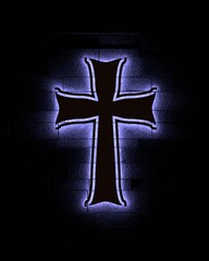 Neon shine christian cross on brick wall. Religion concept illustration. 3D render