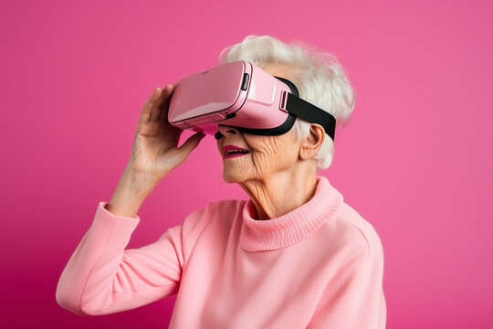An image of an elderly woman wearing a VR headsets - Generative AI