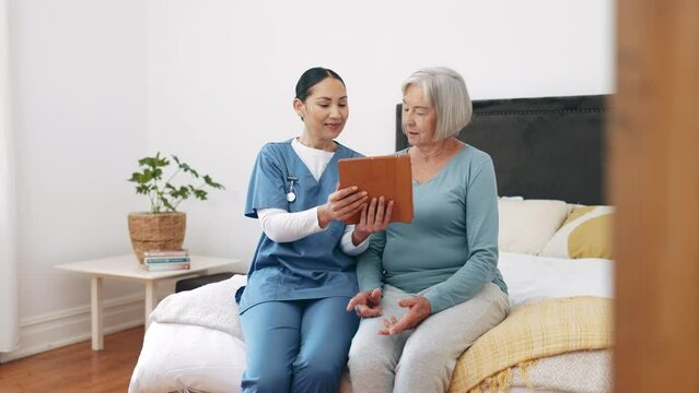 Tablet, nurse and senior woman on video call, talking and consultation in nursing home. Technology, elderly person in bedroom and caregiver in conversation, online chat and help on healthcare webinar
