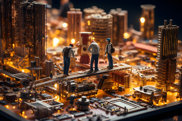 Miniature technicians on a computer board resembling a lit-up cityscape. - obrazy, fototapety, plakaty