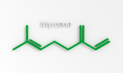 Myrcene, or beta-myrcene, is an olefinic natural organic hydrocarbon. It is more precisely classified as a monoterpene. Use in fragrance and flavor industries. Skeletal chemical formula. 3D render