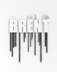 Oil industry icons and Brent crude oil name with dripping oil. Natural resources mining. 3D render