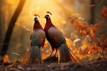 Lover couple of pheasants in the wild - obrazy, fototapety, plakaty