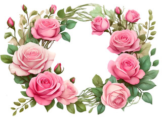 Pink roses border with green leafs. Flower roses element for decoration. 
