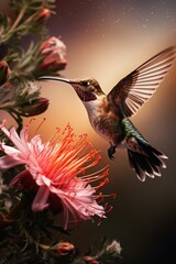 Obraz premium A hummingbird hovering over a pink flower. Generative AI.