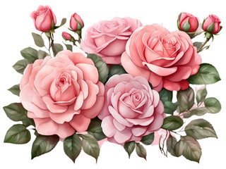 Watercolor pink roses flowers arrangement with green leaves. Flower elements for decoration. 