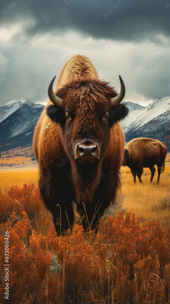 Poster a bison standing in a field with mountains in the background. generative ai.