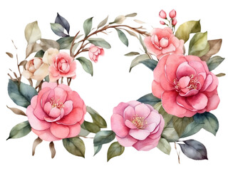 Watercolor pink camellia wreath or border with green leaves. Flower elements. Flowers frame for decoration. 