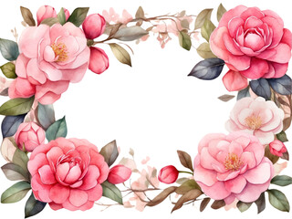 Watercolor pink camellia wreath or border with green leaves. Flower elements. Flowers frame for decoration. 