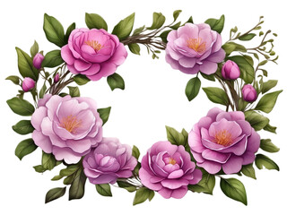 Watercolor purple camellia wreath or border with green leaves. Flower elements for decoration. 