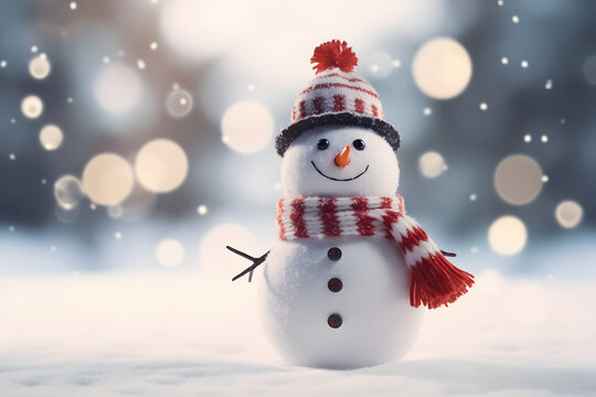 snowman with a smiling face woolen cap and scarf on happy Christmas in a winter cold forest, ornamentals small balls on the ground in the snow. Christmas background