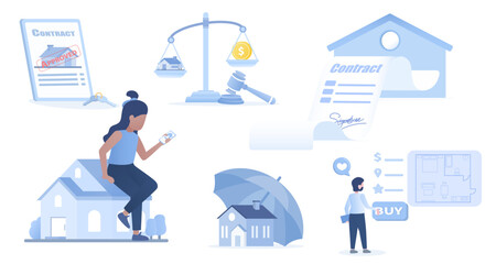 Real estate mortgage collection set. Online contract, real estate rental, buy home property,  search and explore, home insurance, legal management. Flat vector design illustration.