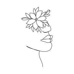 Woman head with flowers linear drawing stock illustration