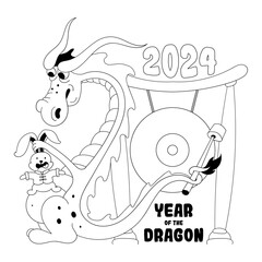 Dragon and rabbit zodiac signs in cartoon style. Chinese new year 2023 and 2024 symbols doodle sketch isolated on a white background. Cute animals for coloring book page. Vector illustration