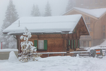 snow scene in murren switzerland during witnter - 673062649