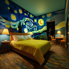 The style of the hotel room was inspired by Van Gogh's paintings-The Bedroom.