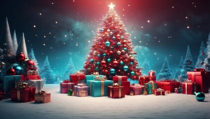 Christmas Delight: 3D Render of Gift Boxes and Tree, Generative AI.