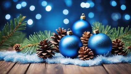 Fototapeta na wymiar Festive Christmas Background: Blue Baubles and Fir Branches. Generative AI