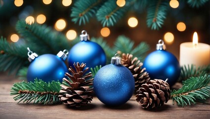 Obraz na płótnie Canvas Festive Christmas Background: Blue Baubles and Fir Branches. Generative AI