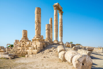 View at the ancient ruins of Hercules temple at Citadel hill in Amman city, Jordan