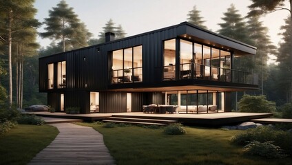Fototapeta na wymiar Modern Two-Story Container House in Forest