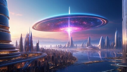 Extraterrestrial Splendor: Advanced Civilization in Alien Landscape. Generative AI