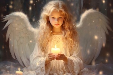 Subtle glow from candle, girl with large wings amidst starry setting. Ethereal protectors.