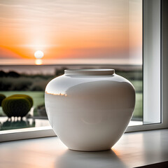 A flawlessly pristine, white porcelain ceramic with a smooth, baby-soft texture, placed by the window where the sunset bathes, rounded shapes devoid of patterns.(Generative AI)