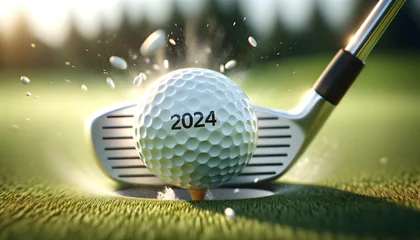 Schilderijen op glas happy new 2024 year golf themed, golf ball background, golf club hitting golf ball concept © Karlo