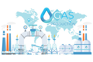 A vector illustration of a gas production plant with a map of the world in the background.
