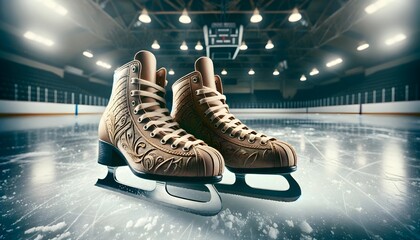 Closeup of vintage retro ice skates on ice in the skating ring, sport background, vintage equipment...