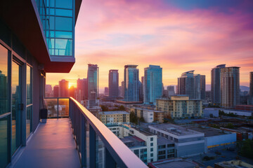 Fototapeta na wymiar City Living at Sunset, Condominium Overlooking Urban Skyline