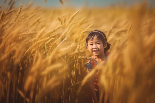 Chinese children in wheat field. Summer kid face outdoor happy. Generate Ai