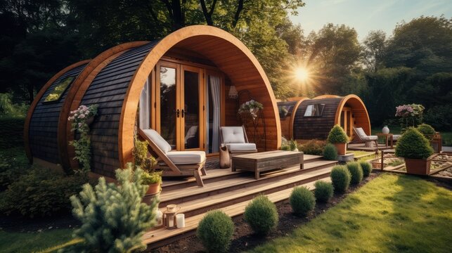 Small modern and elegant barrel wooden cabin house. tiny house and garden with two sun loungers. luxury camping, whit lawn, Generative Ai