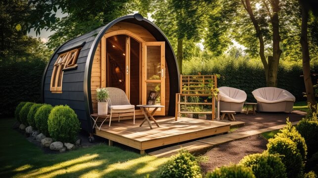 Small modern and elegant barrel wooden cabin house. tiny house and garden with two sun loungers. luxury camping, whit lawn, Generative Ai