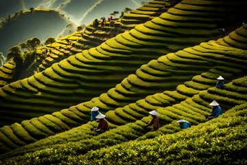 Fototapeta premium A picturesque tea plantation on a terraced hillside, with workers carefully plucking tea leaves during a precise and time-honored harvest. --ar